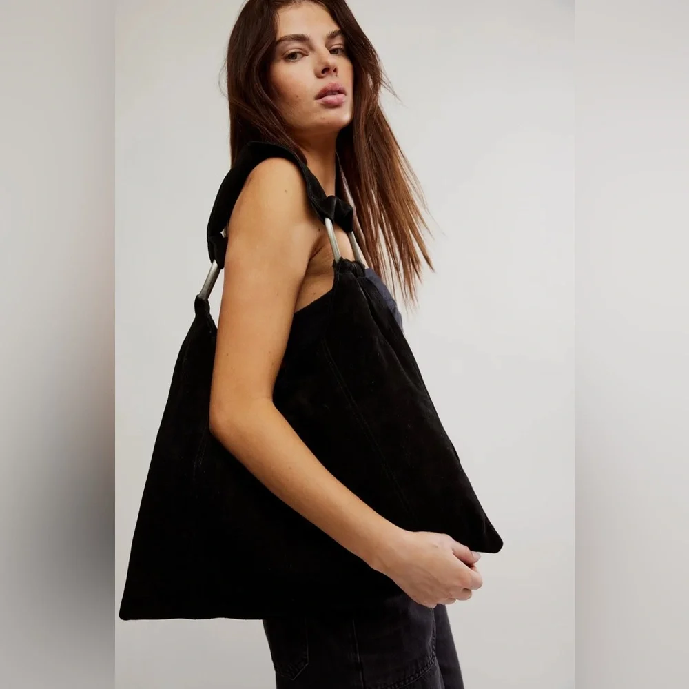 NWT Free People Bobbi Slouch Suede Tote In Black